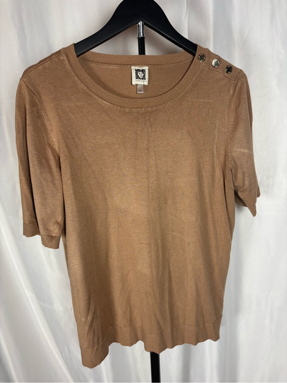 Anne Klein Women’s L Tan Camel Knit Short Sleeve Sweater Button Shoulder